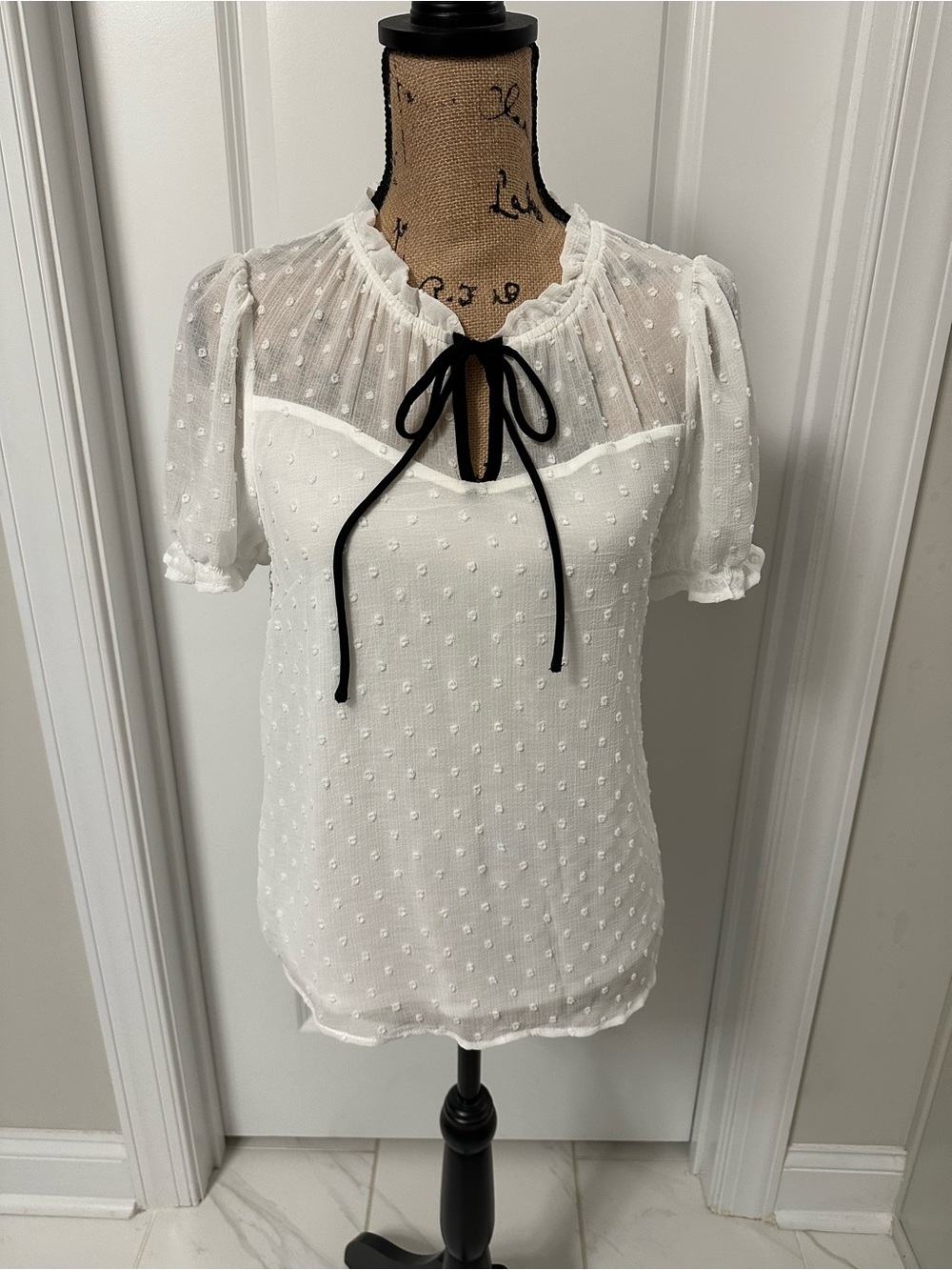 Monteau White Swiss Dot Short Sleeve Tie-Neck Blouse with Black Ribbon